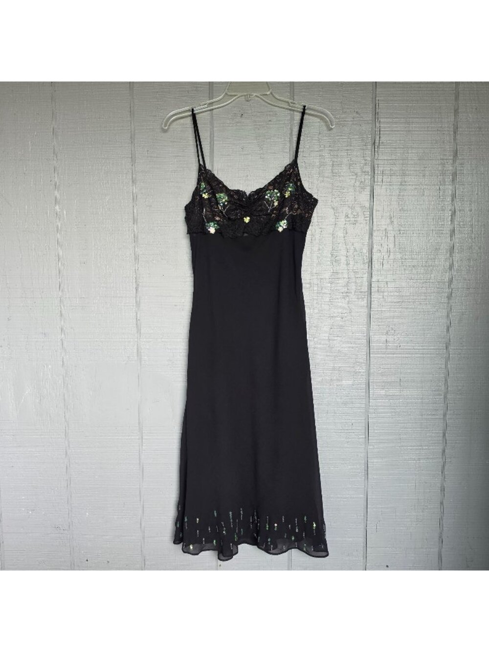 Lapis Y2K 100% Silk Cocktail Black Lace Beaded Sequin Floral Midi Dress. Size M